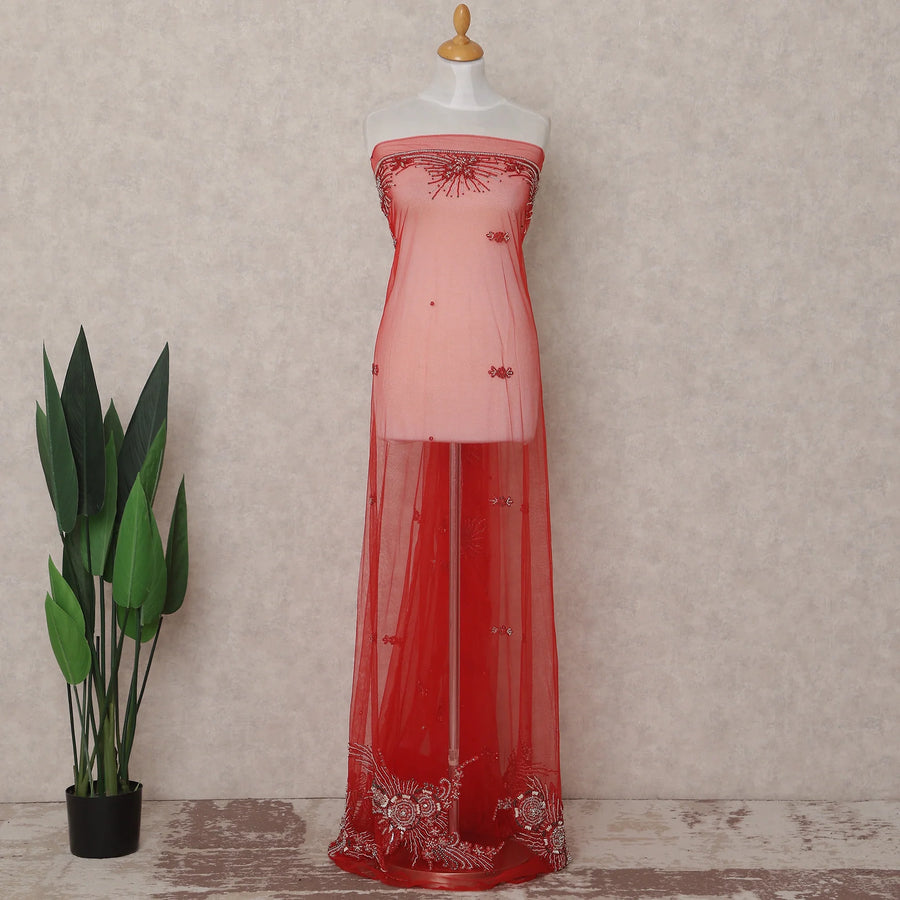 Ruby Red Embroidered Tulle Fabric 3m Piece