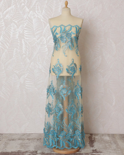 Elegant Cyan Embroidered Nylon Tulle Fabric, 140 cm Wide â€“ Exquisite Floral and Leaf Design-D19226