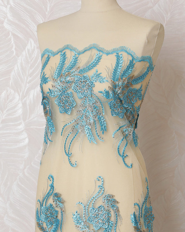 Elegant Cyan Embroidered Nylon Tulle Fabric, 140 cm Wide â€“ Exquisite Floral and Leaf Design-D19226