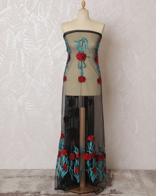 Black Nylon Tulle with Vibrant Red and Aqua Embroidery, 140 cm Wide â€“ Contemporary Floral Design-D19228