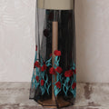 Black Nylon Tulle with Vibrant Red and Aqua Embroidery, 140 cm Wide â€“ Contemporary Floral Design-D19228