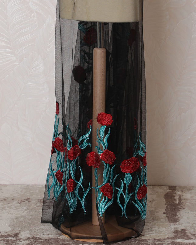 Black Nylon Tulle with Vibrant Red and Aqua Embroidery, 140 cm Wide â€“ Contemporary Floral Design-D19228