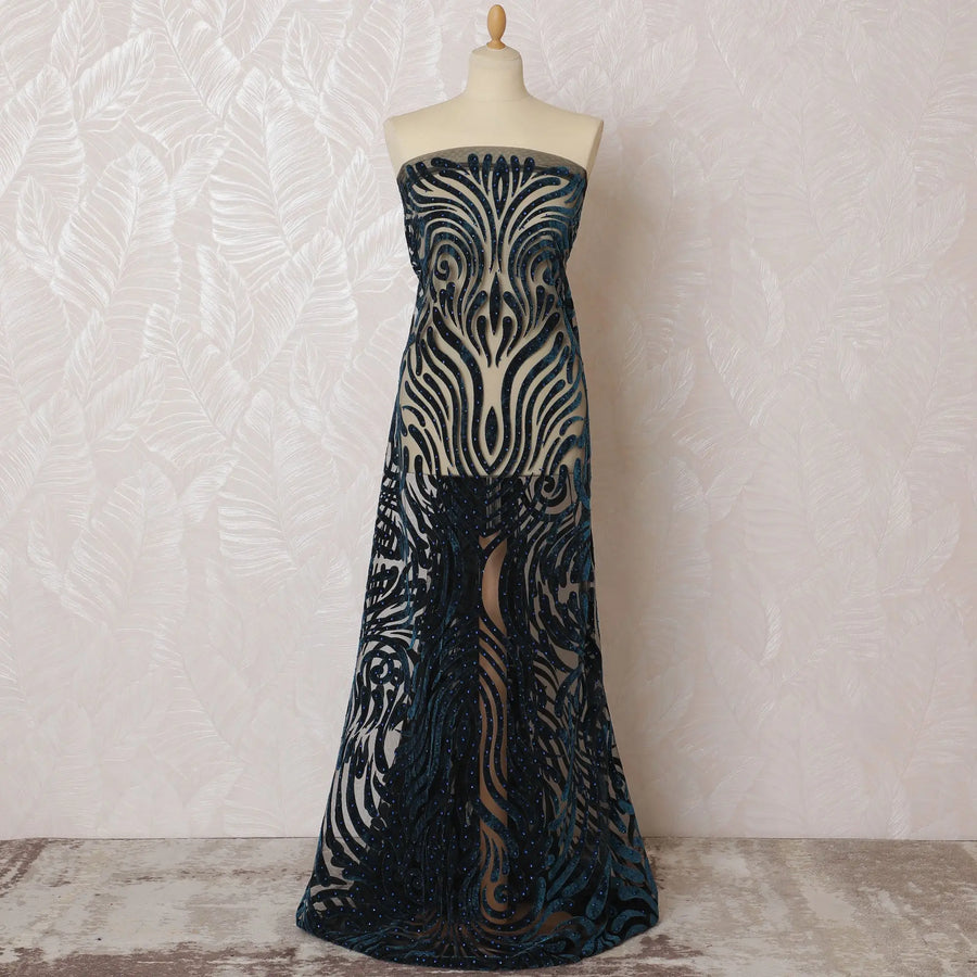 Sophisticated Navy Blue Sequined Nylon Tulle Fabric, 140 cm Wide â€“ Art Deco Inspired Design-D19229 Regal Fabrics
