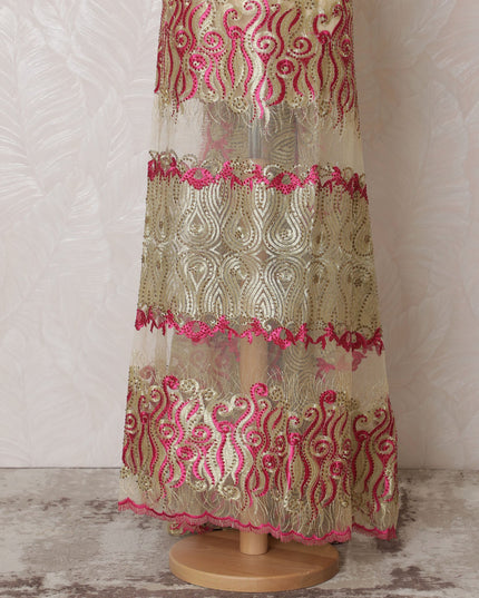 Elegant Gold and Fuchsia Embroidered Nylon Tulle Fabric, 140 cm Wide â€“ Unique Paisley and Geometric Design-D19231