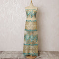 Chic Gold and Turquoise Embroidered Nylon Tulle Fabric, 140 cm Wide â€“ Elegant Swirl and Stripe Design-D19232