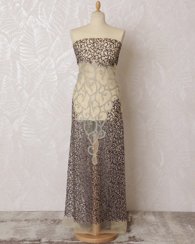 Elegant Taupe and Silver Embroidered Nylon Tulle Fabric, 140 cm Wide â€“ Intricate Baroque Design-D19234 Regal Fabrics