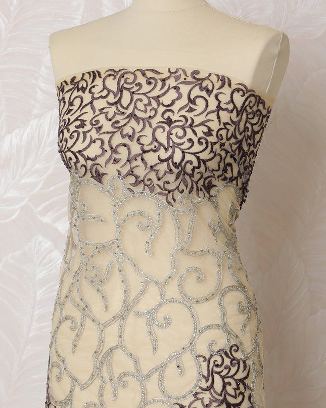 Elegant Taupe and Silver Embroidered Nylon Tulle Fabric, 140 cm Wide â€“ Intricate Baroque Design-D19234 Regal Fabrics