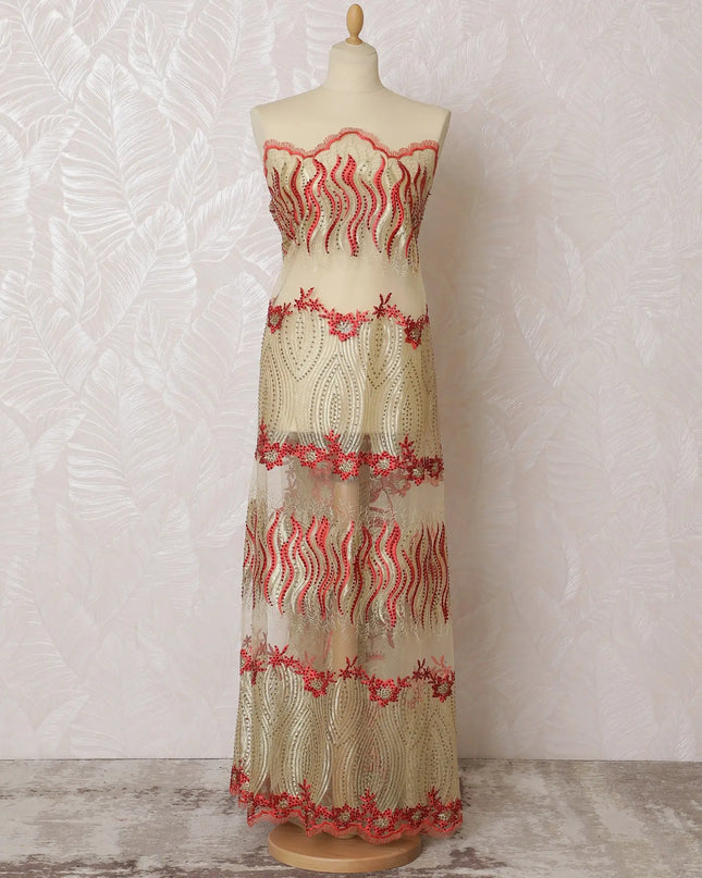 Vibrant Red and Cream Embroidered Nylon Tulle Fabric, 140 cm Wide â€“ Dynamic Wave Design-D19235 Regal Fabrics