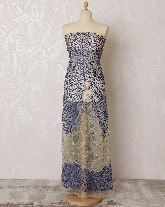 Royal Blue and Silver Embroidered Nylon Tulle Fabric, 140 cm Wide â€“ Exquisite Arabesque Design-D19236 Regal Fabrics