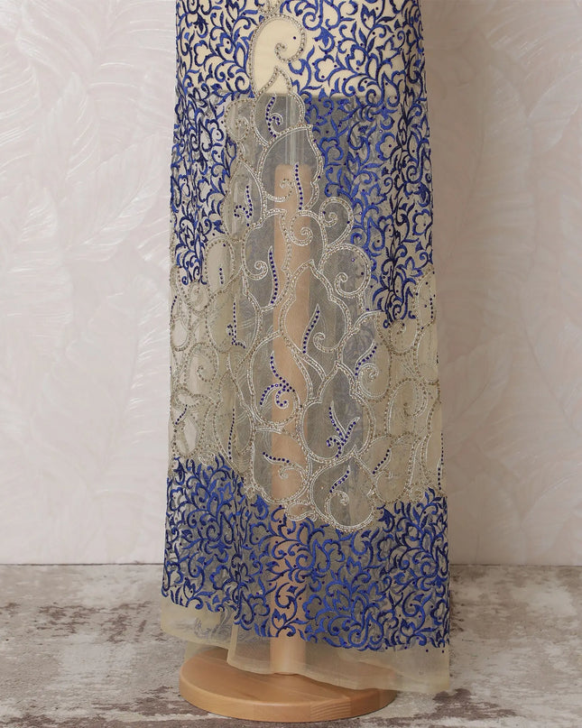 Royal Blue and Silver Embroidered Nylon Tulle Fabric, 140 cm Wide â€“ Exquisite Arabesque Design-D19236 Regal Fabrics
