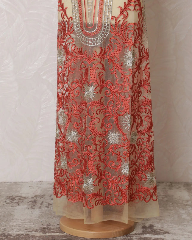 Regal Red and Silver Embroidered Nylon Tulle Fabric, 140 cm Wide â€“ Opulent Medallion Design-D19237 Regal Fabrics