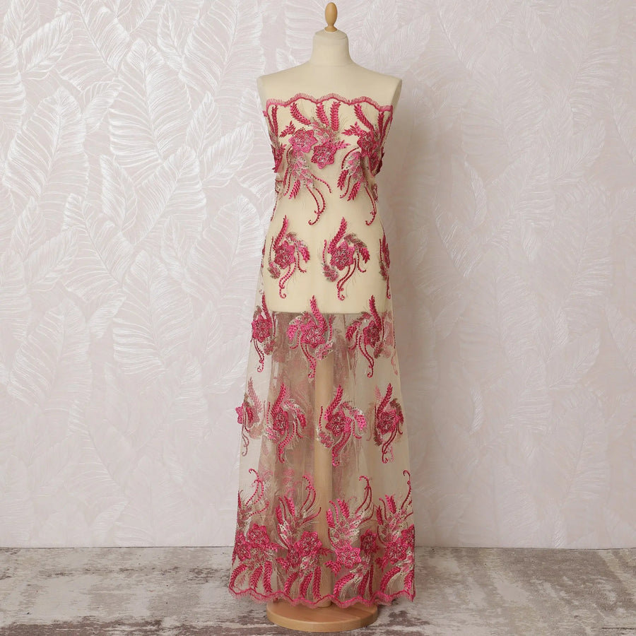 Elegant Pink and Cream Embroidered Nylon Tulle Fabric, 140 cm Wide â€“ Exotic Floral Design-D19238 Regal Fabrics