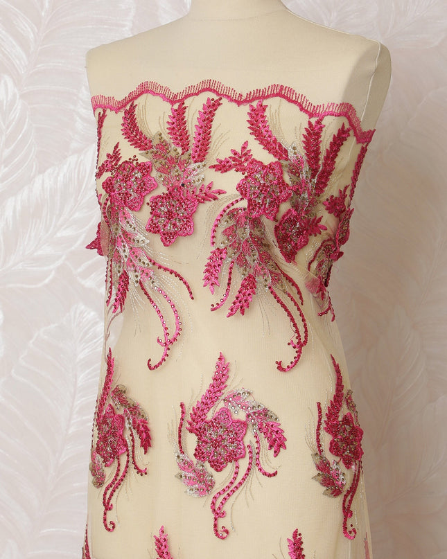 Elegant Pink and Cream Embroidered Nylon Tulle Fabric, 140 cm Wide â€“ Exotic Floral Design-D19238 Regal Fabrics