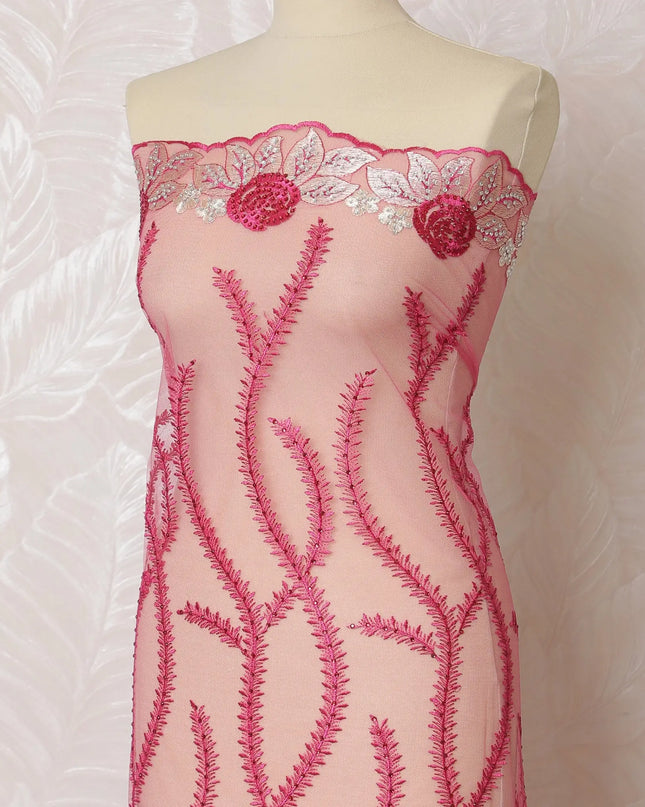 Vibrant Fuchsia and White Embroidered Nylon Tulle Fabric, 140 cm Wide â€“ Delicate Floral and Vine Design-D19239 Regal Fabrics