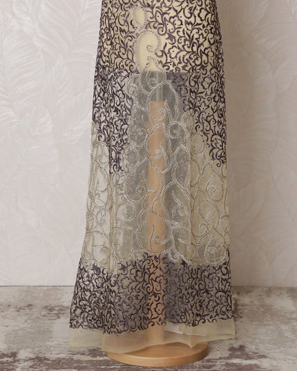 Sophisticated Taupe and Silver Embroidered Nylon Tulle Fabric, 140 cm Wide â€“ Intricate Baroque Design-D19241