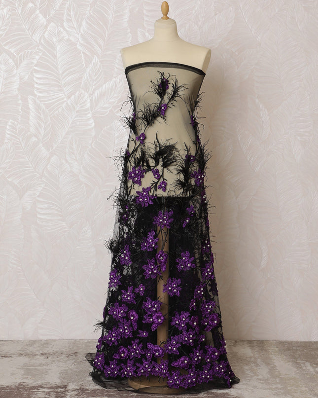 Dramatic Black and Purple Embroidered Nylon Tulle Fabric, 140 cm Wide â€“ Luxurious Floral with Feather Accents-D19242