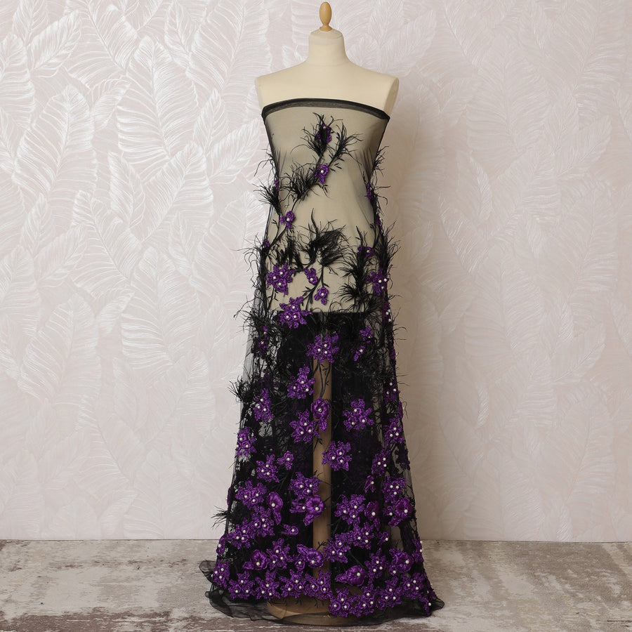 Dramatic Black and Purple Embroidered Nylon Tulle Fabric, 140 cm Wide â€“ Luxurious Floral with Feather Accents-D19242
