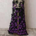 Dramatic Black and Purple Embroidered Nylon Tulle Fabric, 140 cm Wide â€“ Luxurious Floral with Feather Accents-D19242