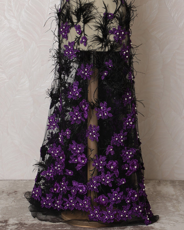 Dramatic Black and Purple Embroidered Nylon Tulle Fabric, 140 cm Wide â€“ Luxurious Floral with Feather Accents-D19242