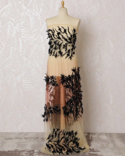 Chic Cream and Black Feather Embroidered Nylon Tulle Fabric, 140 cm Wide â€“ Abstract Feather Design-D19244