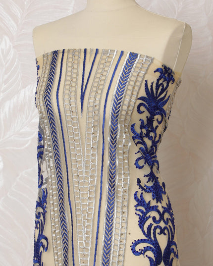 Regal Royal Blue and Silver Embroidered Nylon Tulle Fabric, 140 cm Wide â€“ Sophisticated Medallion Design-D19245