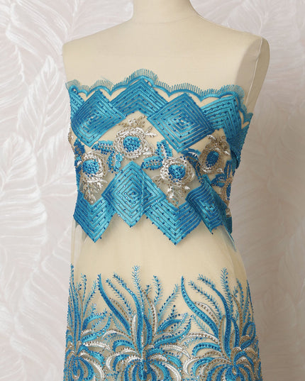 Exquisite Turquoise and Silver Embroidered Nylon Tulle Fabric, 140 cm Wide â€“ Elegant Floral and Geometric Design-D19246