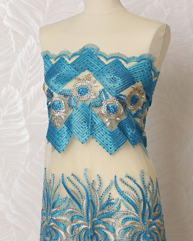 Exquisite Turquoise and Silver Embroidered Nylon Tulle Fabric, 140 cm Wide â€“ Elegant Floral and Geometric Design-D19246 Regal Fabrics