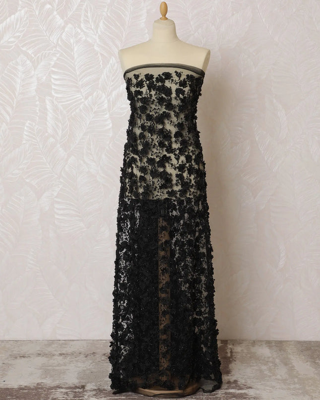 Sophisticated Black Floral Embroidered Nylon Tulle Fabric, 140 cm Wide â€“ Luxurious Full Coverage Design-D19247 Regal Fabrics