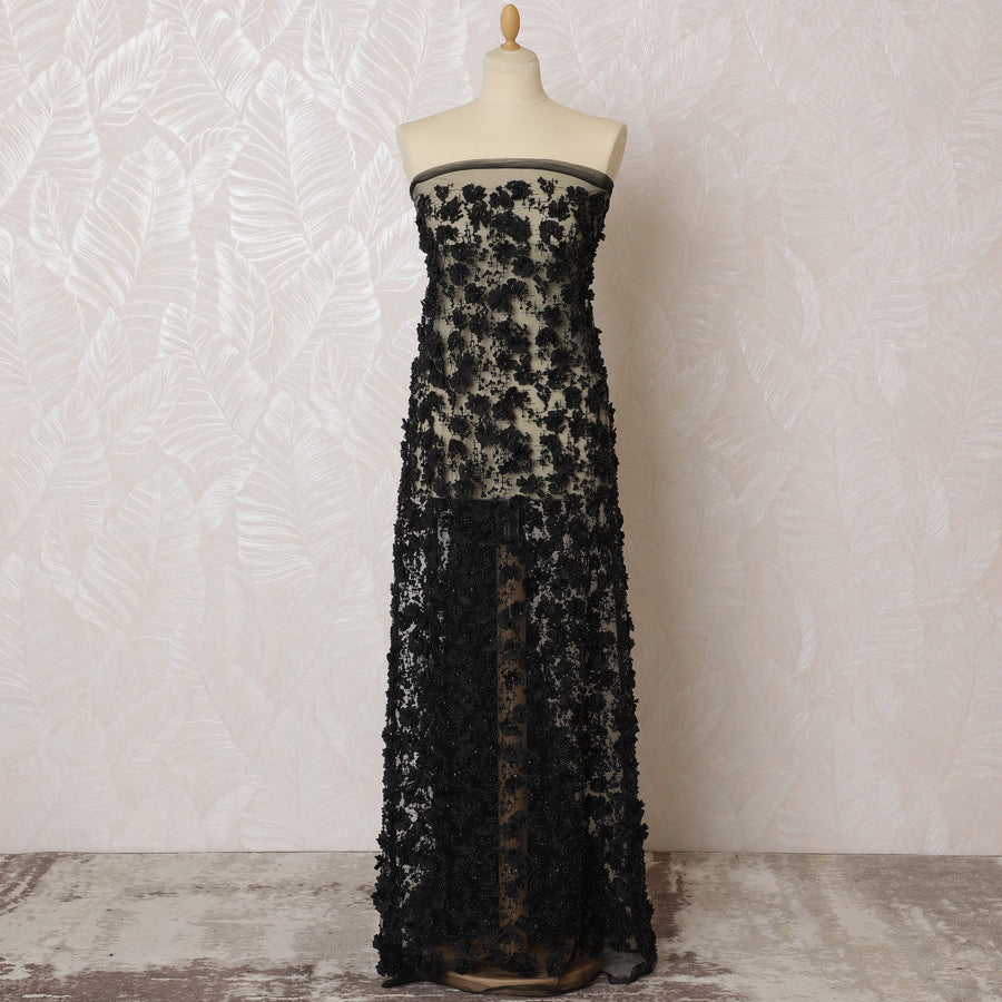 Sophisticated Black Floral Embroidered Nylon Tulle Fabric, 140 cm Wide â€“ Luxurious Full Coverage Design-D19247