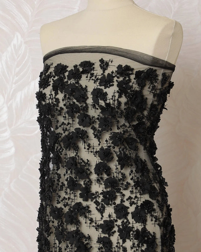 Sophisticated Black Floral Embroidered Nylon Tulle Fabric, 140 cm Wide â€“ Luxurious Full Coverage Design-D19247 Regal Fabrics