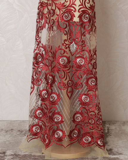 Elegant Red and Cream Embroidered Nylon Tulle Fabric, 140 cm Wide â€“ Opulent Baroque Design-D19249