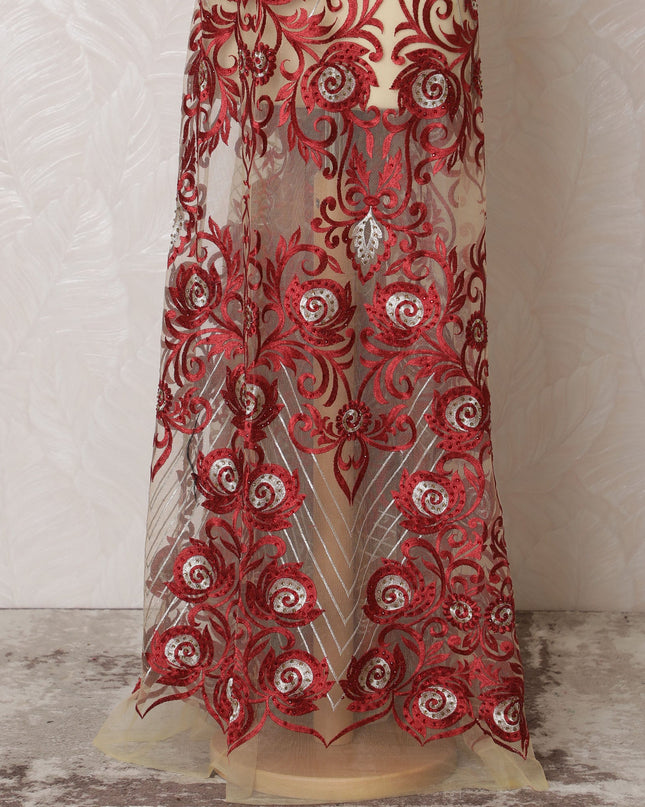 Elegant Red and Cream Embroidered Nylon Tulle Fabric, 140 cm Wide â€“ Opulent Baroque Design-D19249