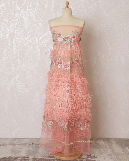 Charming Peach Feathered and Floral Embroidered Nylon Tulle Fabric, 140 cm Wide â€“ Delicate Feminine Design-D19250