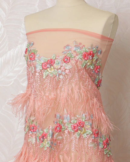 Charming Peach Feathered and Floral Embroidered Nylon Tulle Fabric, 140 cm Wide â€“ Delicate Feminine Design-D19250