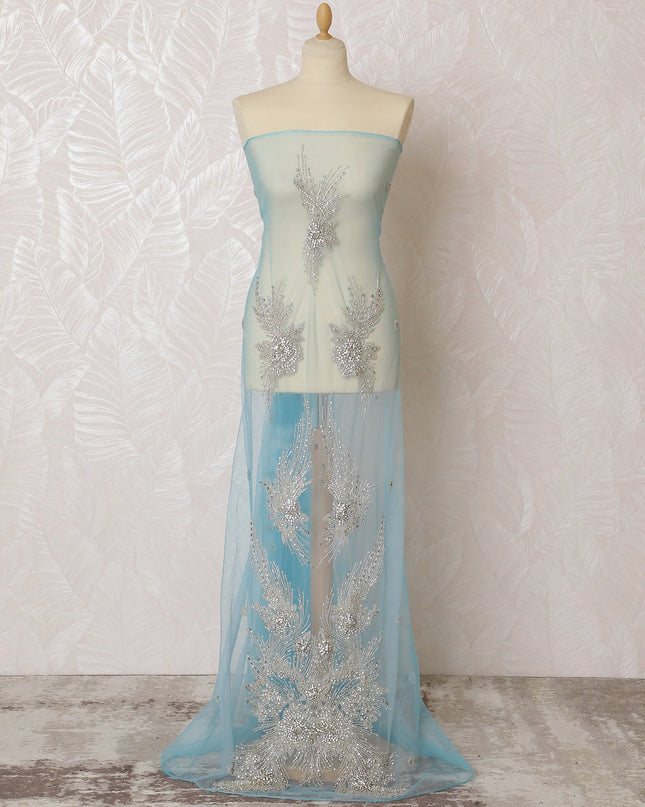 Elegant Ice Blue and Silver Embroidered Nylon Tulle Fabric, 140 cm Wide â€“ Exquisite Snowflake Design-D19251