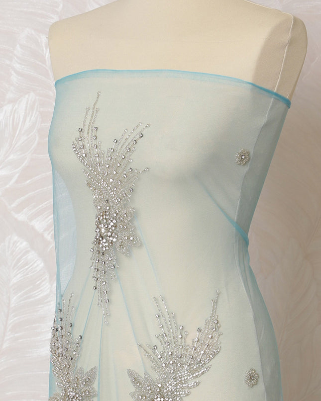 Elegant Ice Blue and Silver Embroidered Nylon Tulle Fabric, 140 cm Wide – Exquisite Snowflake Design-D19251