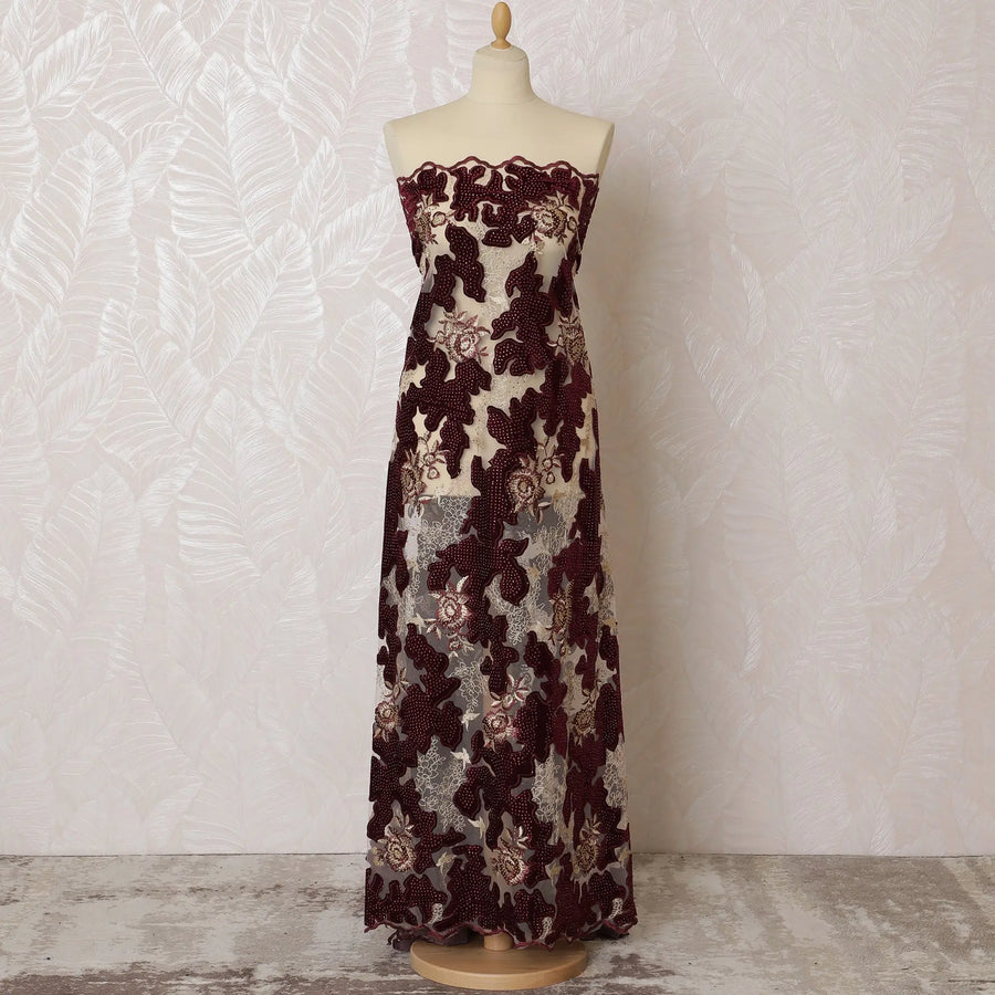 Elegant Maroon and Silver Embroidered Nylon Tulle Fabric, 140 cm Wide â€“ Sophisticated Floral Design-D19252 Regal Fabrics