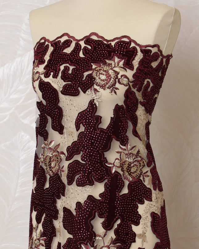 Elegant Maroon and Silver Embroidered Nylon Tulle Fabric, 140 cm Wide â€“ Sophisticated Floral Design-D19252 Regal Fabrics