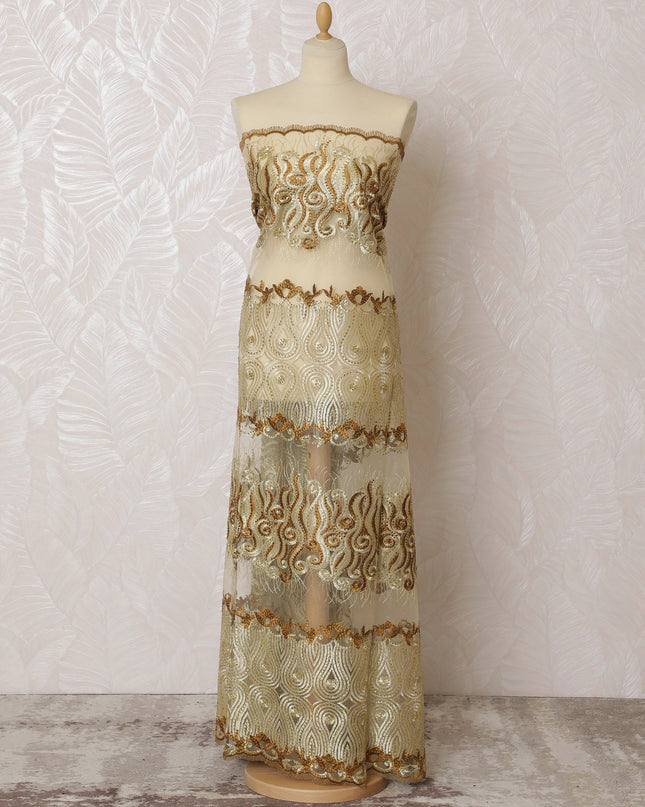 Elegant Gold and Cream Embroidered Nylon Tulle Fabric, 140 cm Wide â€“ Luxurious Swirl and Scroll Design-D19253 Regal Fabrics