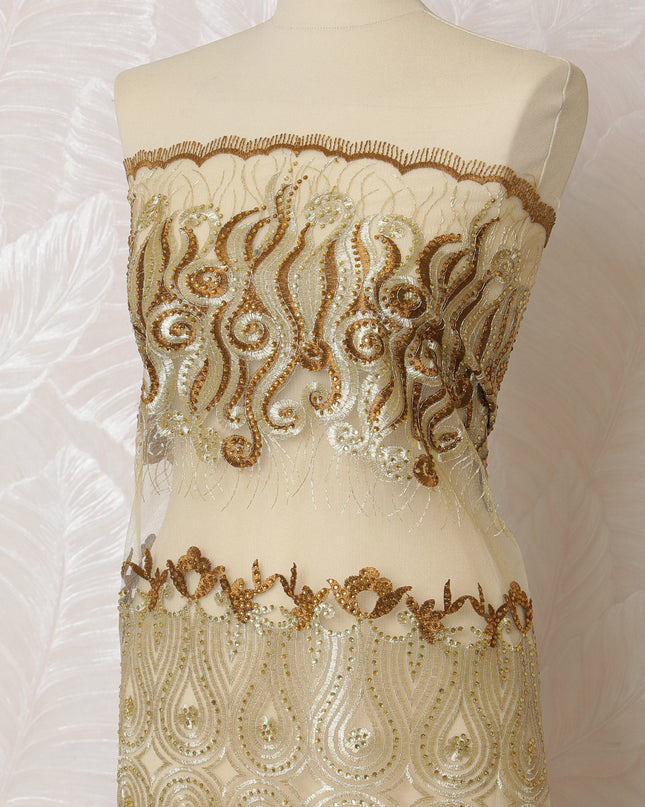 Elegant Gold and Cream Embroidered Nylon Tulle Fabric, 140 cm Wide â€“ Luxurious Swirl and Scroll Design-D19253 Regal Fabrics