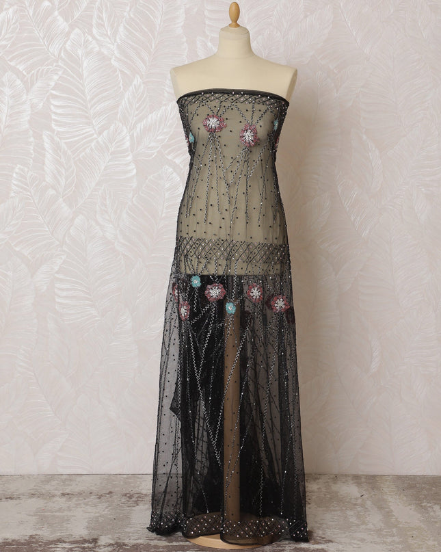 Elegant Black Nylon Tulle with Multicolor Floral Embroidery, 140 cm Wide â€“ Whimsical Dot and Flower Design-D19254 Regal Fabrics