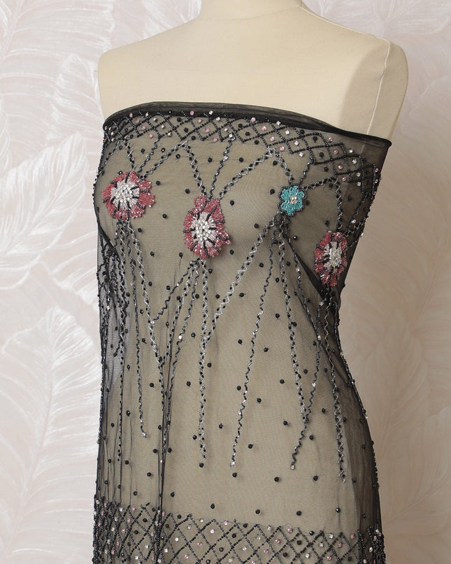 Elegant Black Nylon Tulle with Multicolor Floral Embroidery, 140 cm Wide â€“ Whimsical Dot and Flower Design-D19254 Regal Fabrics