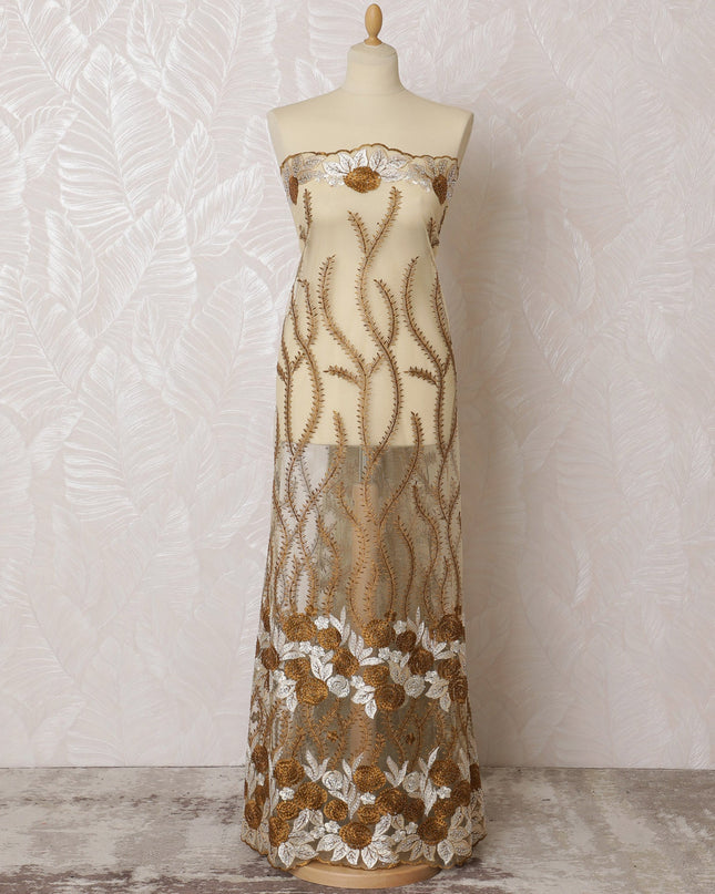 Opulent Gold and Cream Embroidered Nylon Tulle Fabric, 140 cm Wide â€“ Elegant Vine and Floral Design-D19255 Regal Fabrics