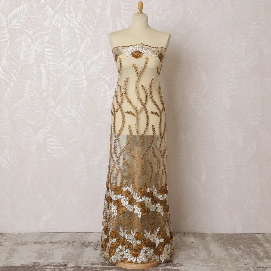 Opulent Gold and Cream Embroidered Nylon Tulle Fabric, 140 cm Wide â€“ Elegant Vine and Floral Design-D19255 Regal Fabrics