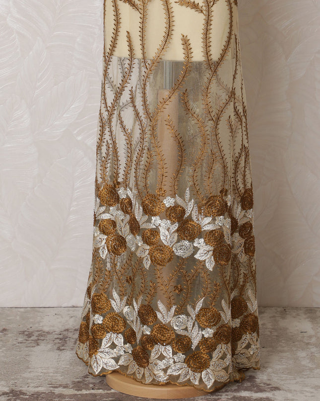 Opulent Gold and Cream Embroidered Nylon Tulle Fabric, 140 cm Wide â€“ Elegant Vine and Floral Design-D19255 Regal Fabrics