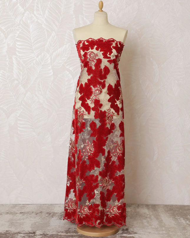 Stunning Red and Cream Embroidered Nylon Tulle Fabric, 140 cm Wide â€“ Classic Floral Lace Design-D19256 Regal Fabrics