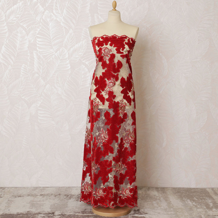 Stunning Red and Cream Embroidered Nylon Tulle Fabric, 140 cm Wide â€“ Classic Floral Lace Design-D19256