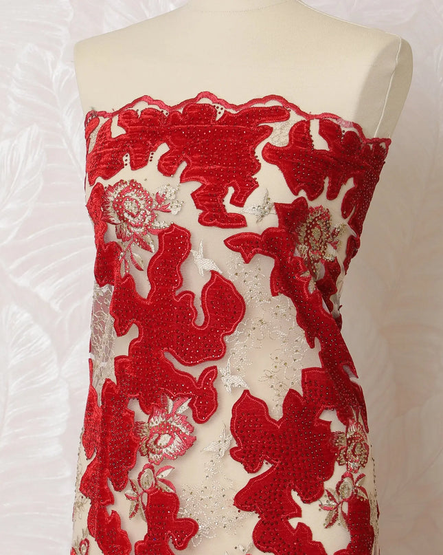 Stunning Red and Cream Embroidered Nylon Tulle Fabric, 140 cm Wide â€“ Classic Floral Lace Design-D19256 Regal Fabrics
