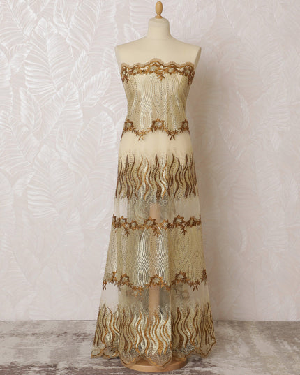 Elegant Gold and Ivory Embroidered Nylon Tulle Fabric, 140 cm Wide â€“ Sophisticated Wave and Floral Design-D19257