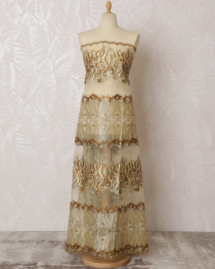 Luxurious Gold and Cream Embroidered Nylon Tulle Fabric, 140 cm Wide â€“ Elegant Swirl and Foliage Design-D19258